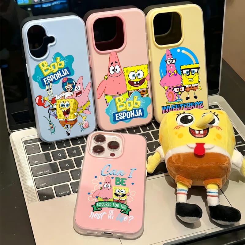 Capinha para iPhone 17/16/15 Pro Max Capa para celular 2 em 1 com design do desenho animado Bob Esponja