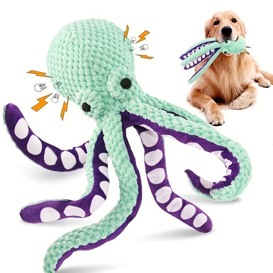 Brinquedo Cachorro Pelúcia Polvo com Apito e Som Crocante Mordedor Anti-Stress