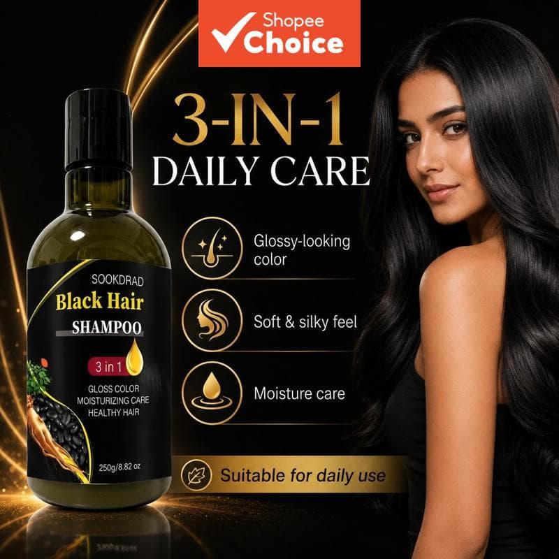 Shampoo para Cabelo Preto, 3 em 1, Cuidados Diários, Hidratante, Brilhante, Saudável, 250g