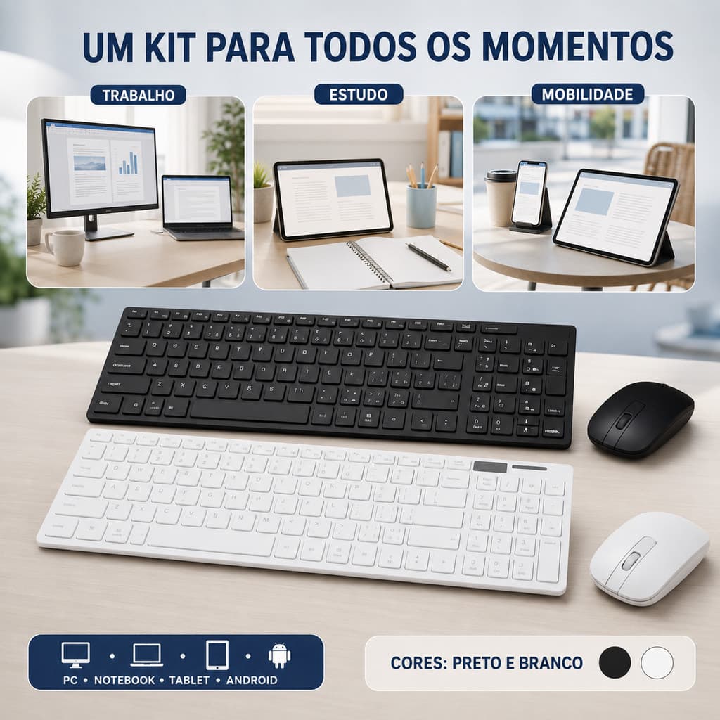 Kit Teclado e Mouse Sem Fio Bluetooth e 2.4GHz USB Ultra Slim para Notebook, PC e Android KA-666