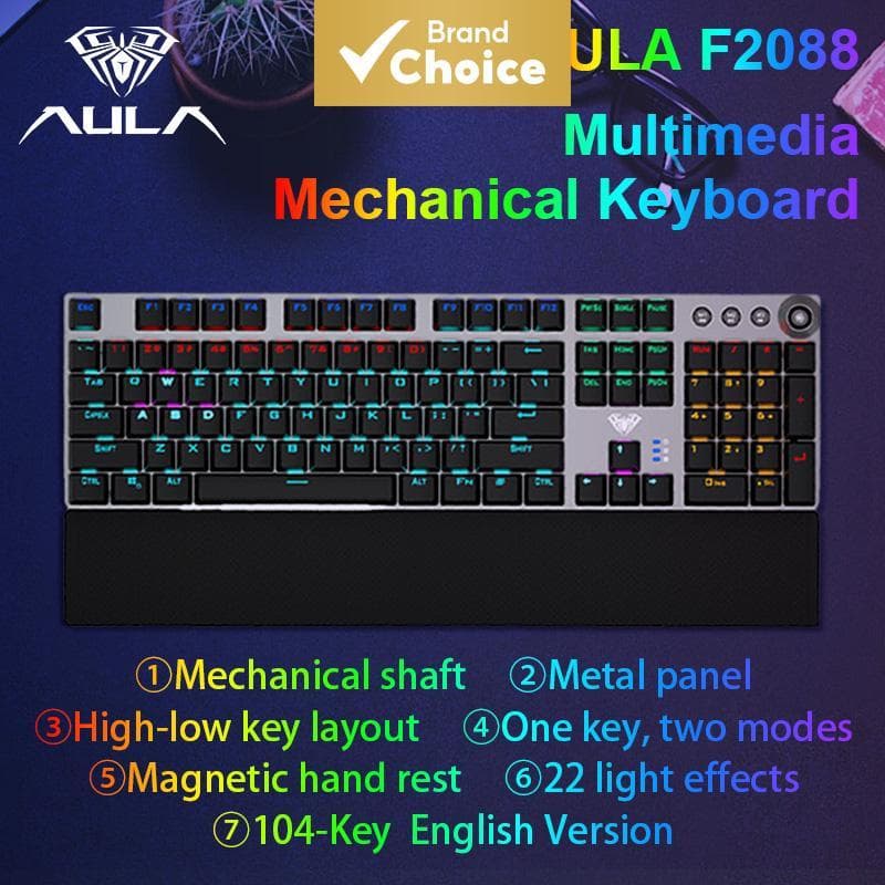 Teclado Mecânico AULA F2088 com fio, teclado gamer com botão multifuncional, 104 teclas, retroiluminação mágica e