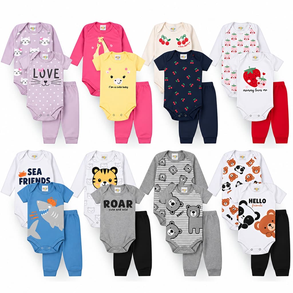 Kit 15 Peças Body Bebê Manga Curta e Longa + Mijão Menino e Menina Algodão Macio Premium Enxoval Unissex P ao GG