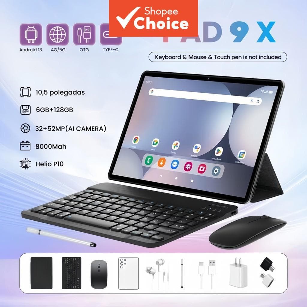 Tablet PC Pad 9X de 10,5 polegadas, FHD, Sistema operacional Android, Armazenamento de 6+128GB, WiFi 5G, Bateria de