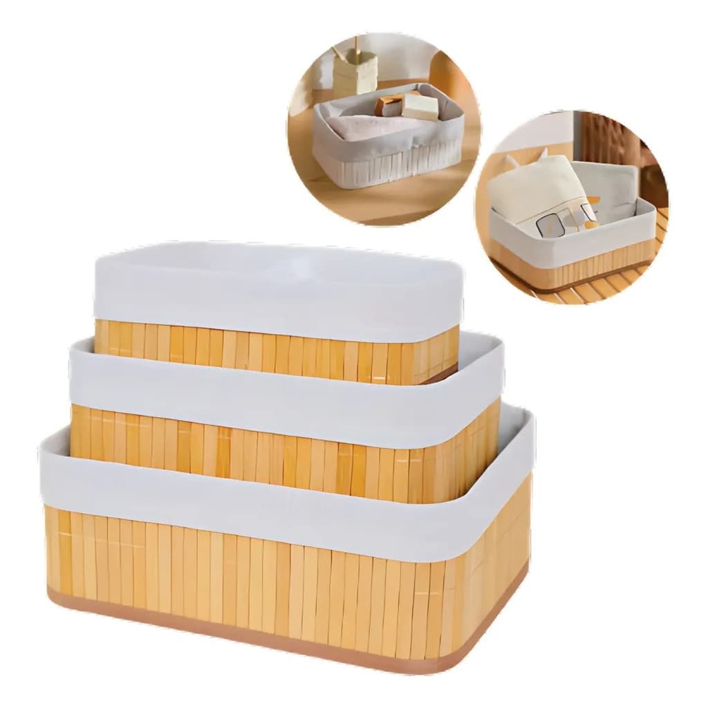 Kit 3 Cestos Organizador Bambu Lavanderia Banheiro Roupas Br