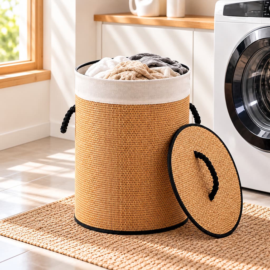 Cesto de Roupa Suja em Bambu Grande, com Tampa, Forro e Alças, Organizador Multiuso para Quarto, Banheiro e Lavanderia
