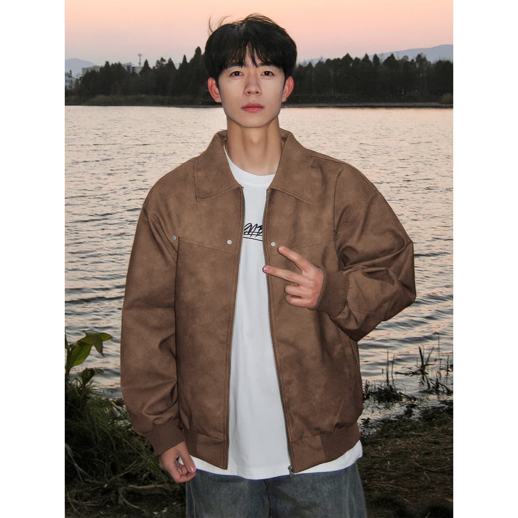 Jaqueta masculina outono 2026 novo estilo Street Wear camurça marrom topo solto Melade jaqueta outono inverno jaqueta de