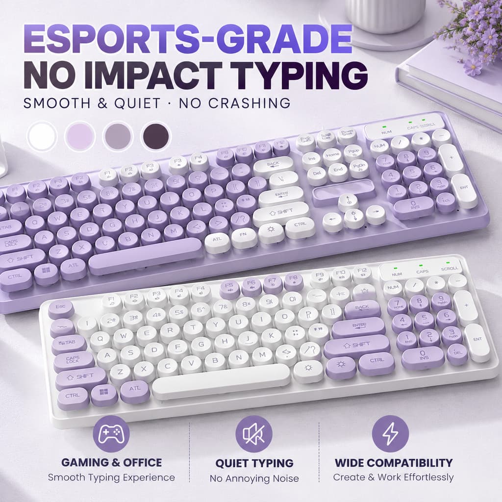 Teclado mecânico de imitação com fio USB redondo de 104 teclas com luz de fundo LED, combinação de cores brancas roxas f