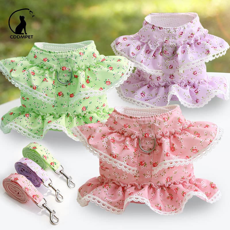 Coleira com guia para cães, colete para animais de estimação com guia, adequado para gatos, com decoração de renda LFCJ
