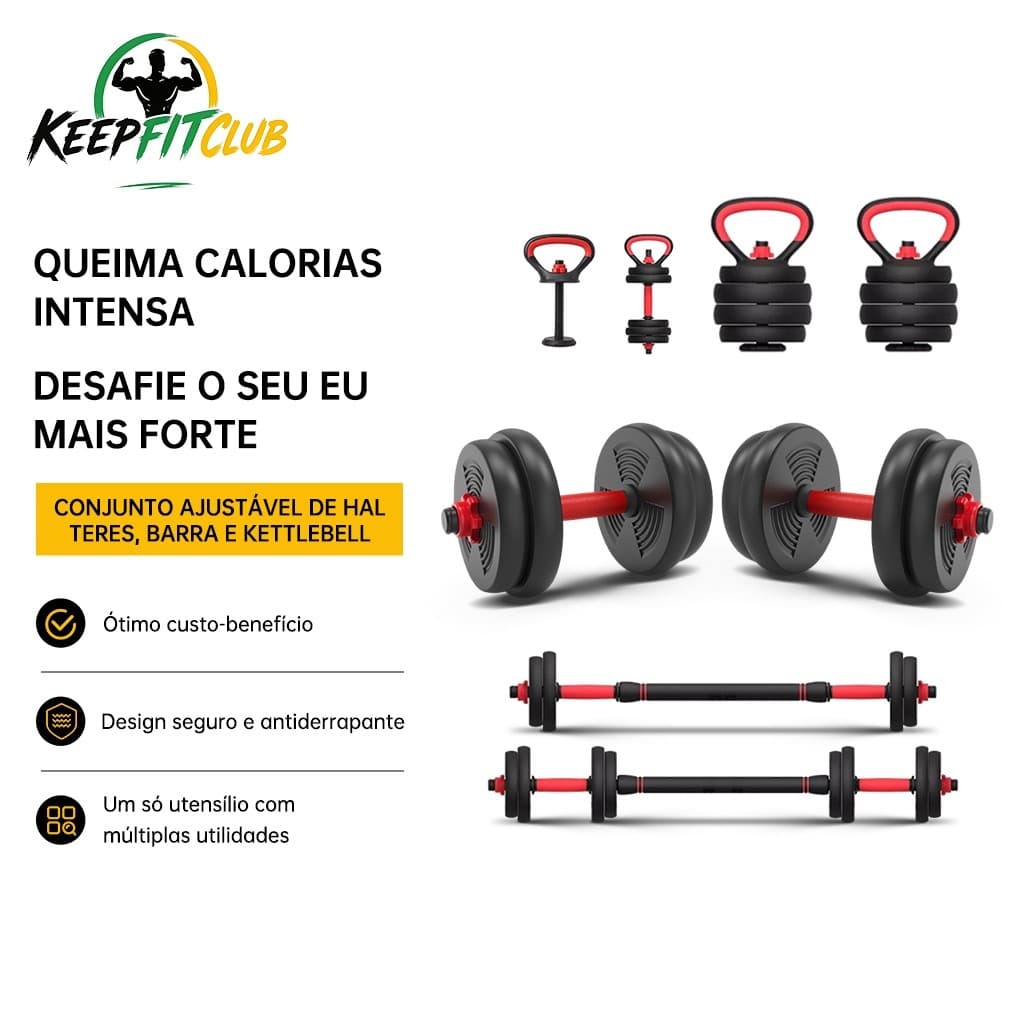 Kit Halteres 10kg Ajustáveis com Kettlebell para Musculação Treino de Braços Peito Costas e Pernas
