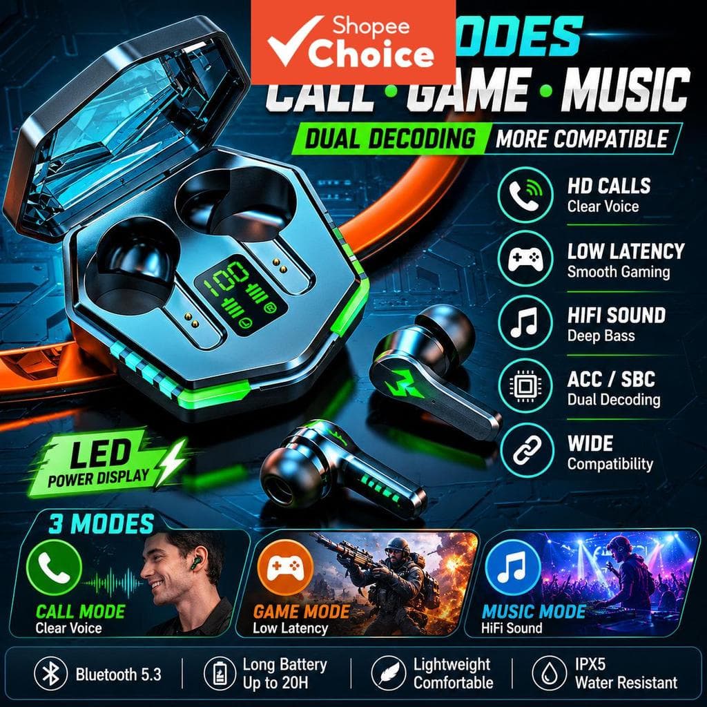 Fones de Ouvido Bluetooth 5.2 para Jogos TWS – Modo Duplo Sem Fio, Som Estéreo 8D, Fones de Ouvido de Música e Jogo com