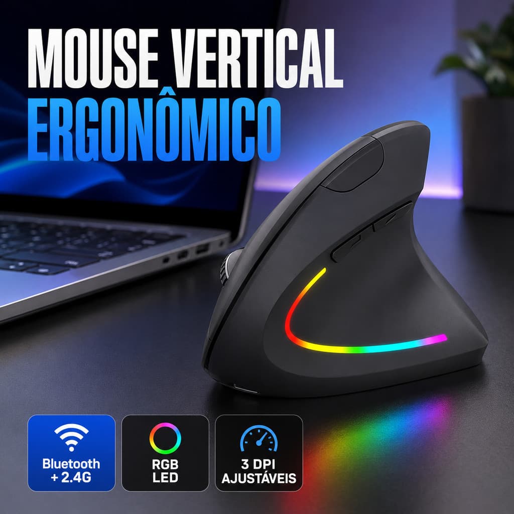 Mouse Vertical Ergonômico Sem Fio Recarregável USB Bluetooth Silencioso Ortopédico Mão Direita PC Gamer