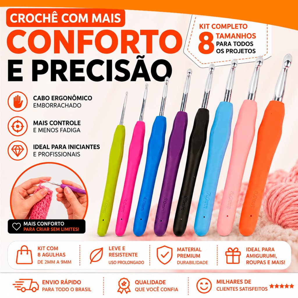 Kit Agulhas Barbante Para Crochê Profissional 8 Peças Vários Tamanhos Decor Útil