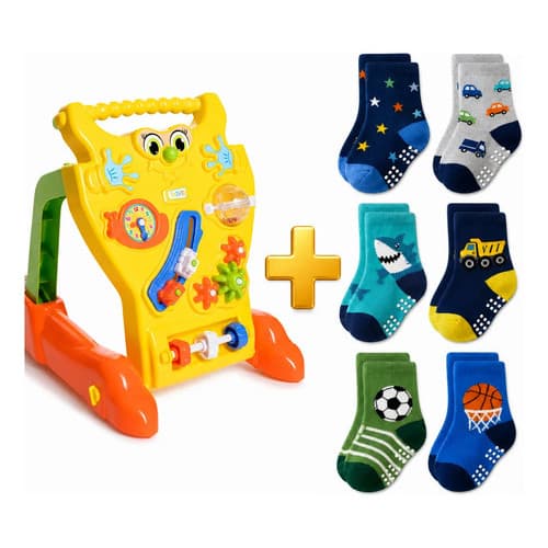 Kit Andador Infantil Bebê Primeiros Passos + 6 Meias Antiderrapante Amarelo Tateti Calesita Andador Empurrador