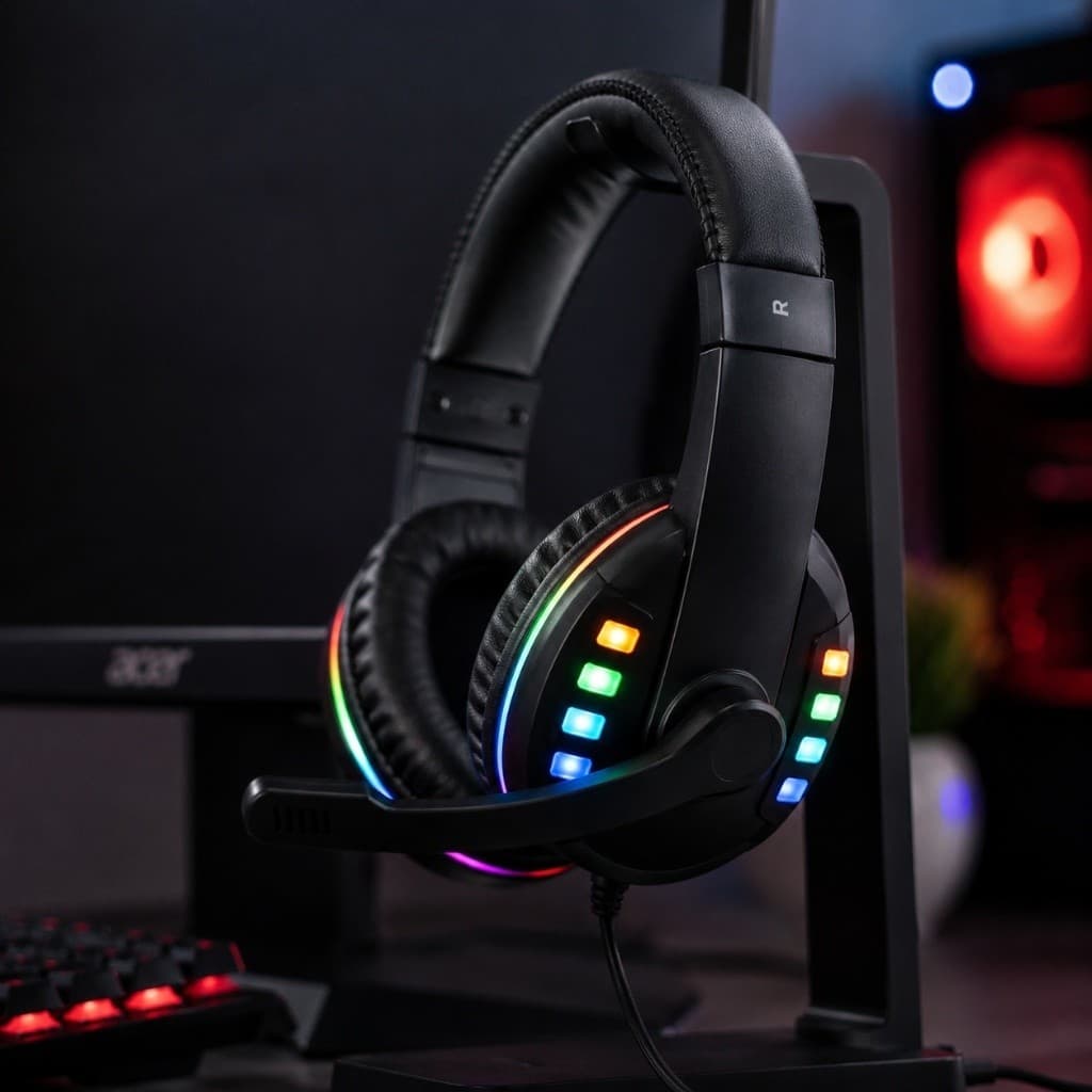 Headset Gamer RGB LED com Microfone USB para PC Notebook Computador Fone de Ouvido Headphone Estéreo com Fio KA-9007