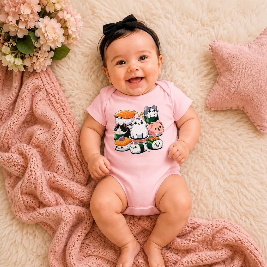 Body Bebê Gatinhos Sushi Kawaii Estampado Algodão Manga Curta Unissex Roupa Infantil Menino Menina