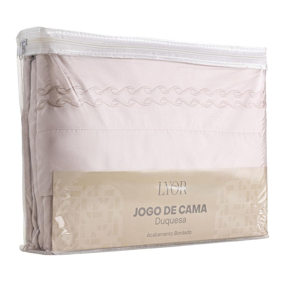 Jogo de Cama Bordado Casal Duquesa Rosa Microfibra Lyor Lençol Fronha e Colcha para Quarto Cama Decoração Elegante Ideal
