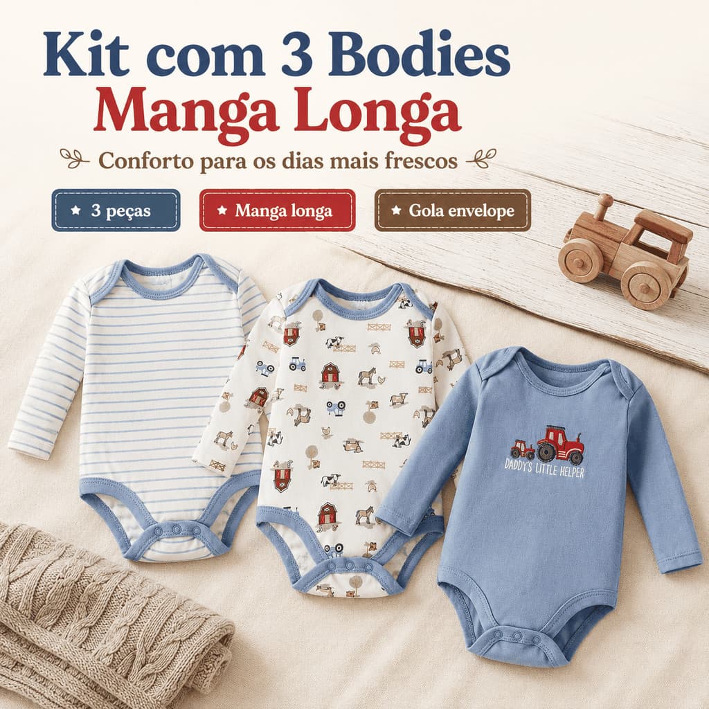 Kit 3 Bodies Bebê Manga Longa 60% Algodão 40% Poliéster Roupa Infantil Enxoval Body Bebê P M G 0 a 9 Meses