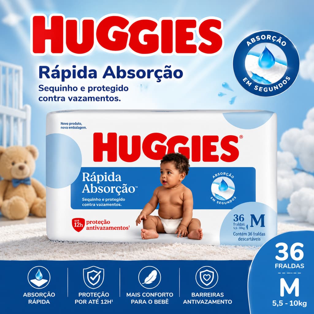Fralda Huggies Rápida Absorção Tamanho M 36 Unds 5,5 - 10 Kg Médio (m) Sem Gênero