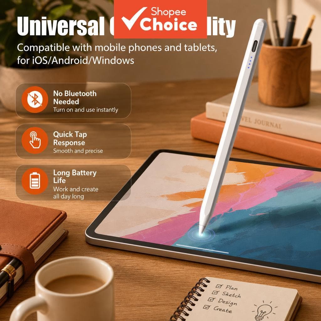 Caneta Capacitiva Universal para Tela Táctil, Compatível com iPad, Android, Celular e Tablet, com Função de Carregamento