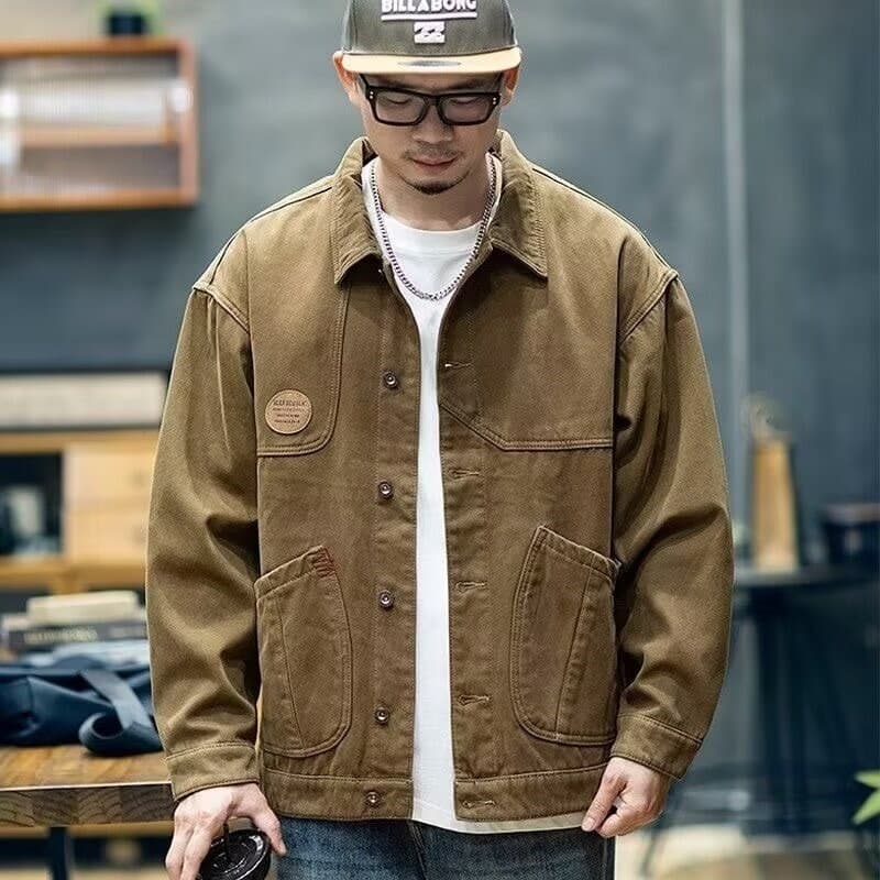 2026 primavera macacão jaqueta masculina solta Street Wear tamanho grande americano topo masculino Retro jaqueta Casual 