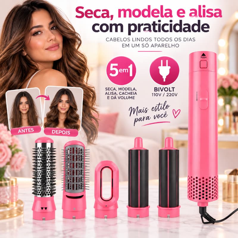 Secador Modelador 5 em 1 Bivolt 110V/220V Escova Secadora Alisadora Cachos Volume Cabelo Profissional