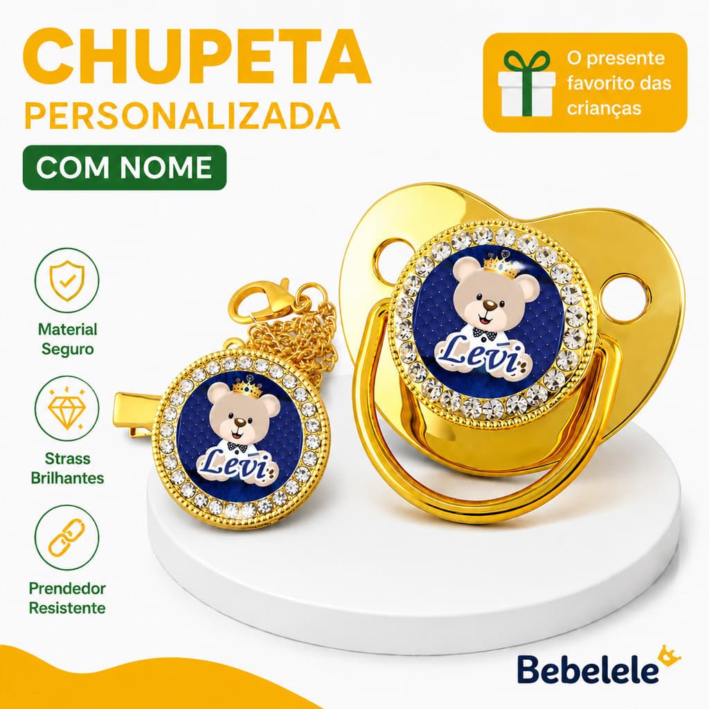 Chupeta Dourada para Bebê Menino, Personalizada com Nome e Foto, Presente de Aniversário Personalizado BQS2