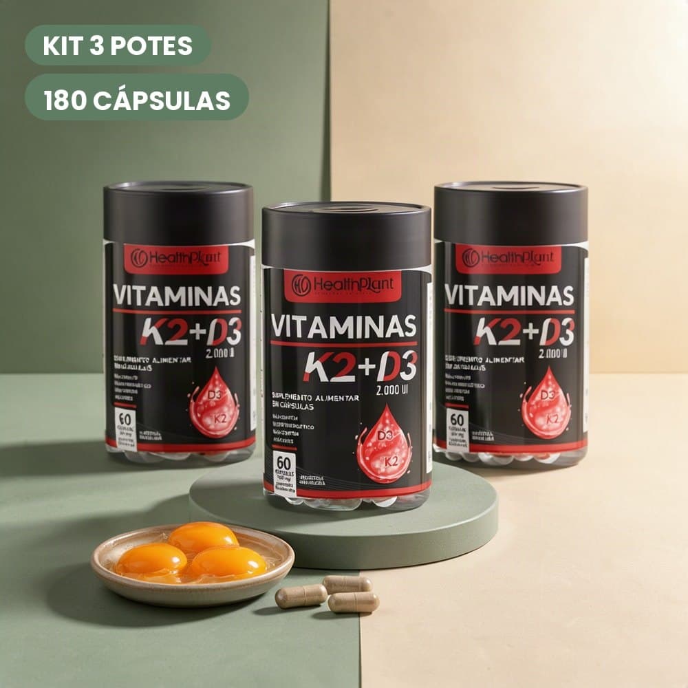 Vitamina K2 + Vitamina D3 2000 UI 500 mg 180 Cápsulas Kit com 3 Potes Suplemento Alimentar Unissex