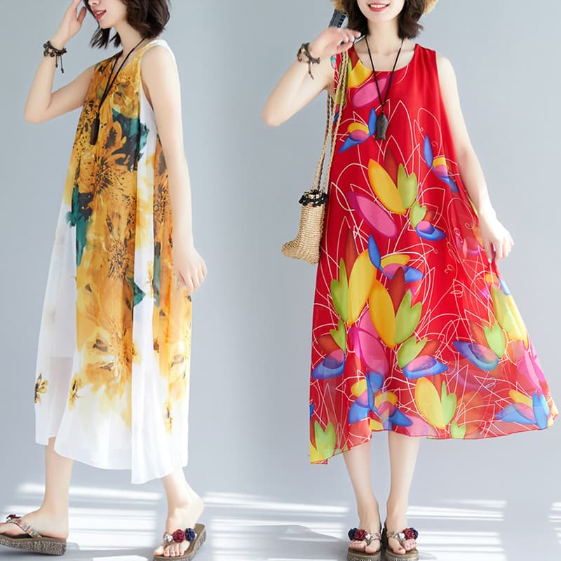 Pequeno fresco impresso sem mangas vestido feminino solto mais magro olhar elegante Floral Chiffon colete vestido estilo