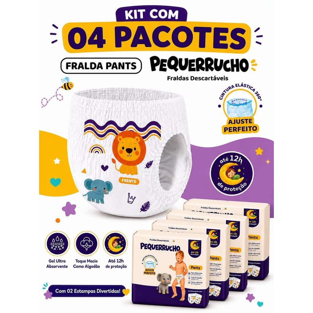 KIT COM 04 PACOTES DE FRALDA INFANTIL PEQUERRUCHO BABY FRALDA CALÇA