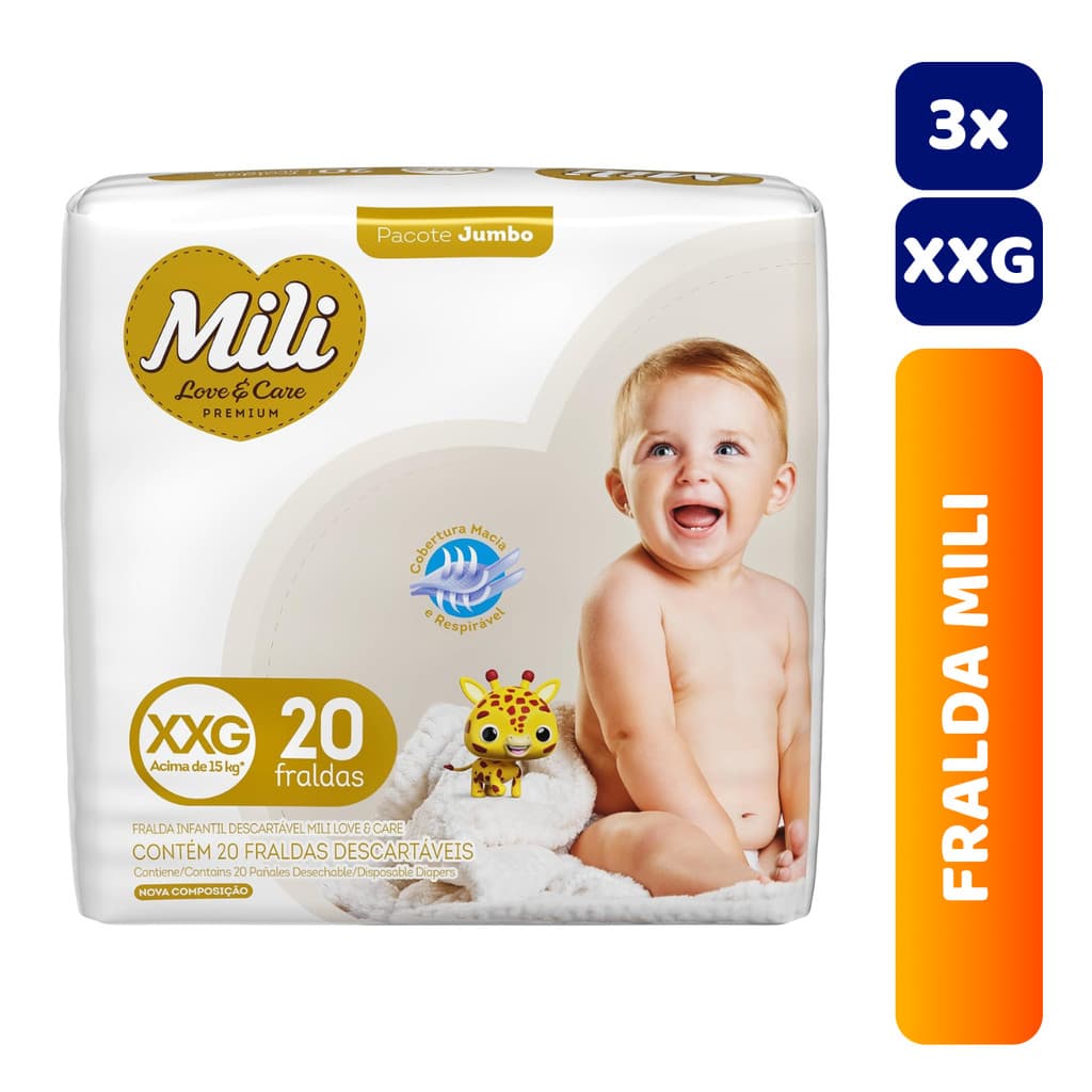 Kit 3x Fralda Infantil Mili Jumbo Love & Care Premium C/20 XXG