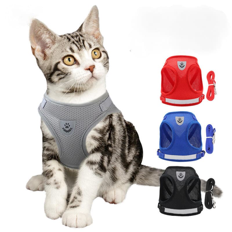 Coleira Refletiva para Animais de Estimação, Respirável, Conjunto de Coleira e Guia para Cães e Gatos, Ajustável, Colete