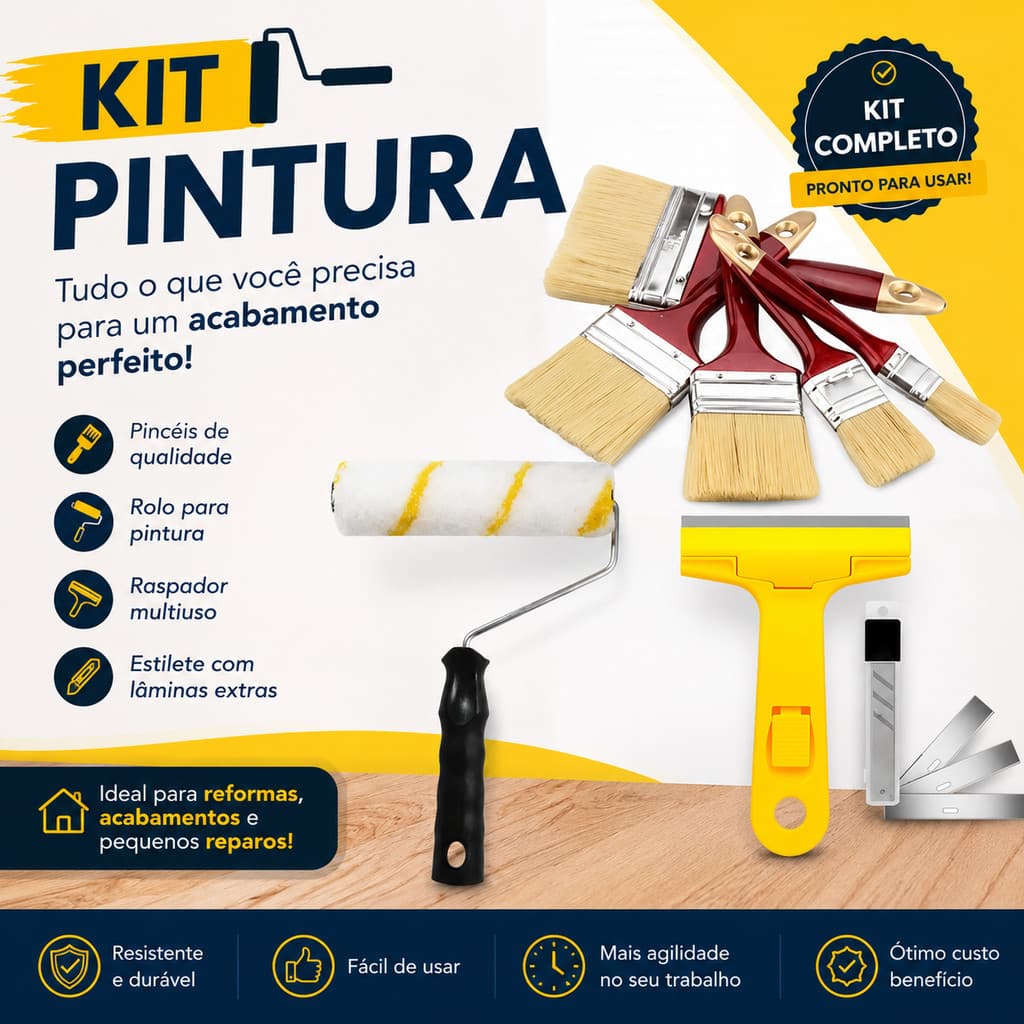Kit Completo de Pintura: Raspador com Lâmina, 5 Pincéis e Rolo de Pintura