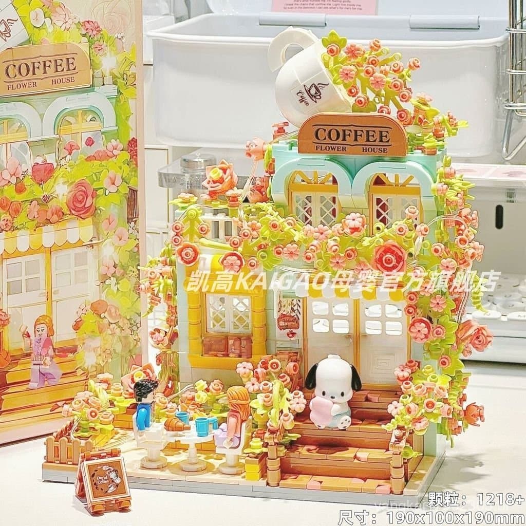 Compatível com blocos de montar Lego, blocos de montar de cena de rua de café com flores, itens decorativos, um presente