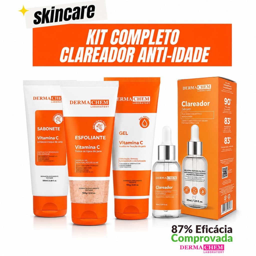 Kit Clareador Facial Dermachem Vitamina C Anti-Idade Skincare Completo Limpeza e Cuidados Faciais