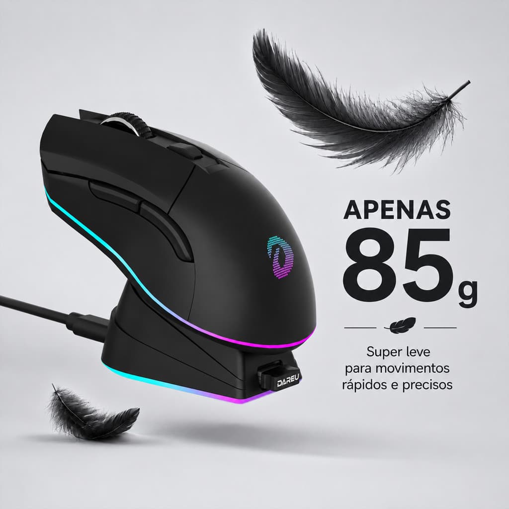 Mouse Gamer Recarregável Super Leve 85g Tip C Com fio/Sem fio 2.4G 12000Dpi 6 Botões Rgb Dock Carregamento Dareu EM901x