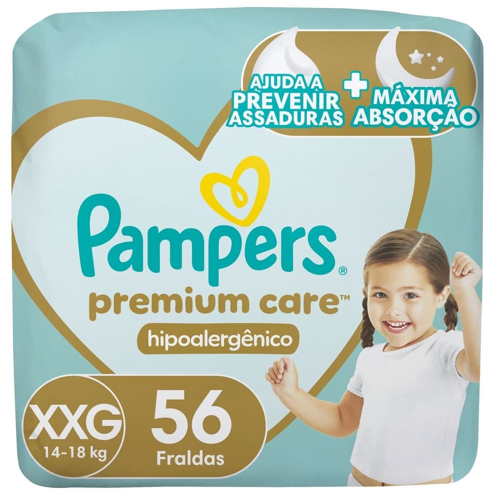 Fralda Pampers Premium Care Tamanho XXG Pacote Hiper 56 Fraldas Descartáveis