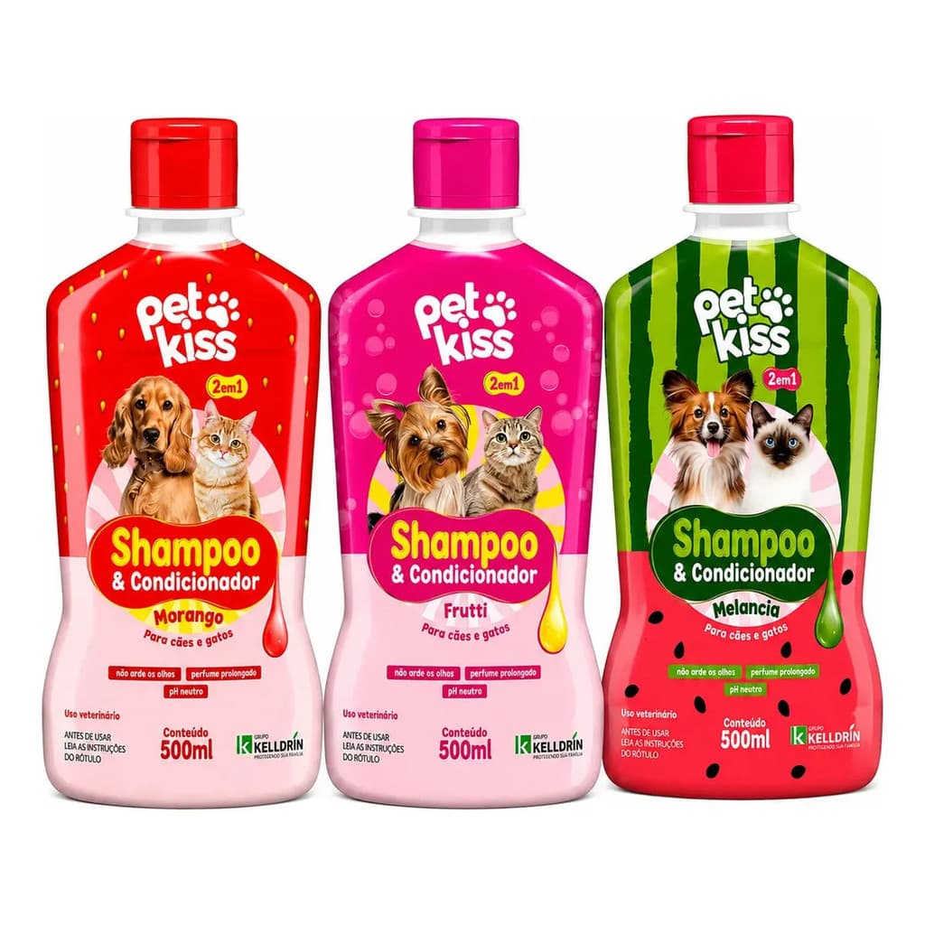 Kit 3 Shampoos para Pets Pet Kiss Morango Melancia Tutti Frutti 500ml