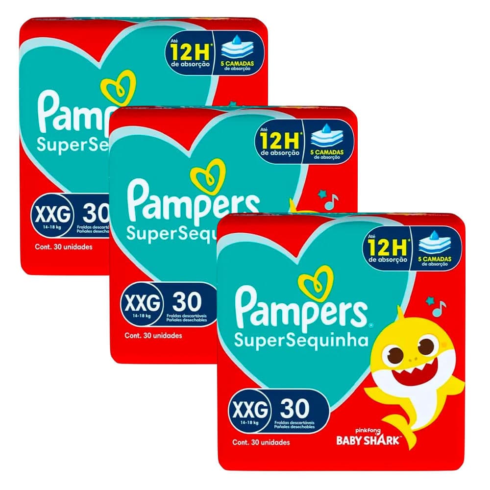 Kit 3 Fraldas Descartáveis Pampers Supersequinha Mega XXG - 90 Tiras