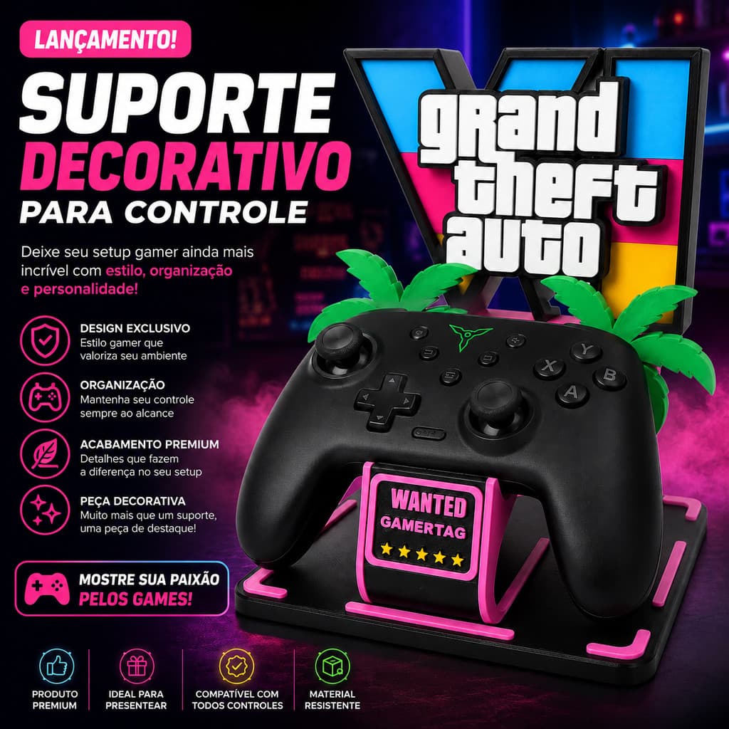 Suporte Controle Universal Videogame PS5 XBOX Gamer Decorativo GTA para Setup 25cm 700g