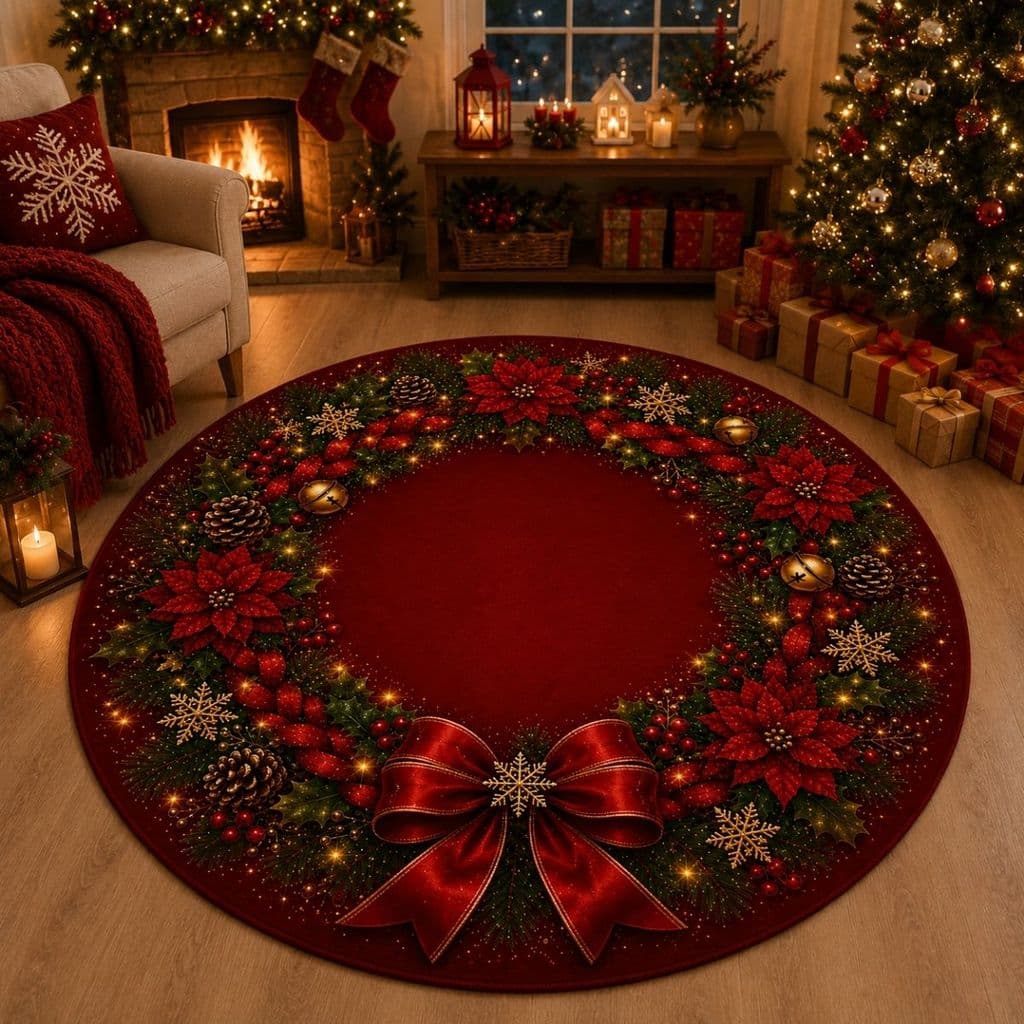 Tapete Redondo Decorativo Natal 88cm Antiderrapante para Sala e Quarto 2255