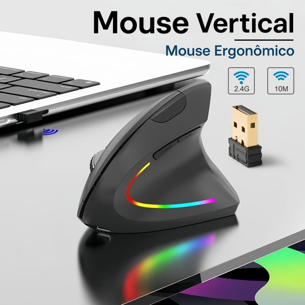 Mouse vertical sem fio 2.4G recarregável ergonômico vertical mouse 3 níveis de DPI ajustáveis ​​RGB Streamer