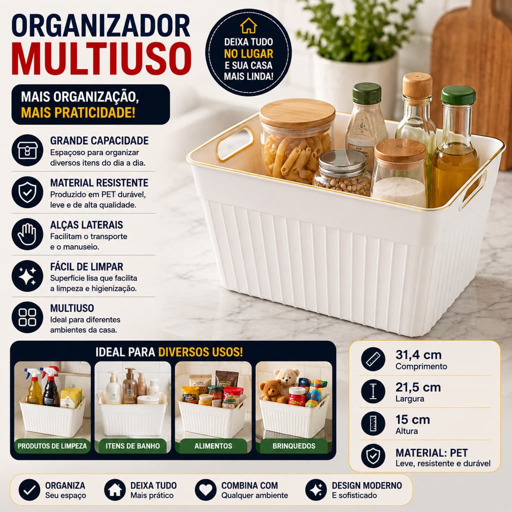 Cesto Organizador Retangular com Alças 31,4cm – Organizador Multiuso para Casa e Cozinha