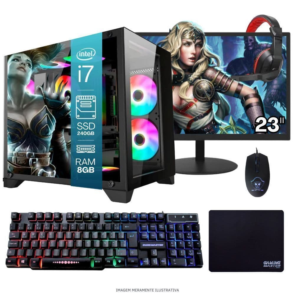 Computador PC Gamer  TOB   i7  240GB 8GB   Kit Gamer e Headset Gamer Monitor 23” Windows 10 Pro Trial