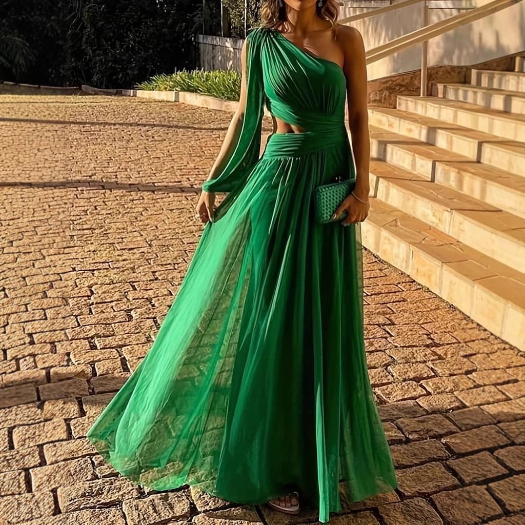 🥰Vestido de Festa Feminino Plus Size, Ombro Único, Modelo Justo ao Corpo, Vestido Longo de Cor Sólida