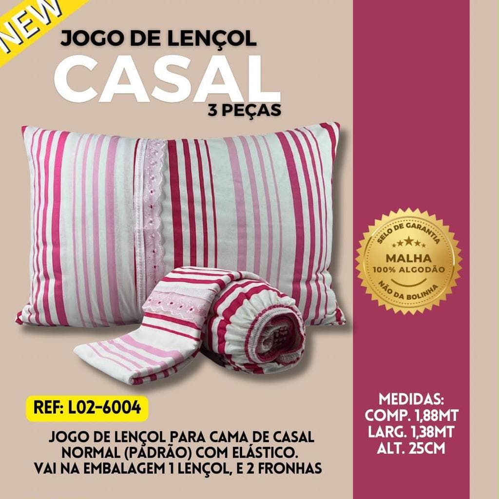 Jogo de Lençol Casal Malha 100% Algodão 3 Peças Lençol com Elastico e Fronhas