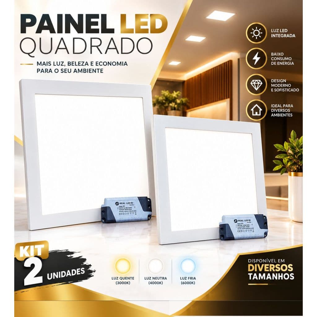 Kit 2 Luminárias Plafon LED Slim 18W Embutir Teto Luz Branco Frio Drive Embutido + Presilhas Luz Quarto Sala Cozinha