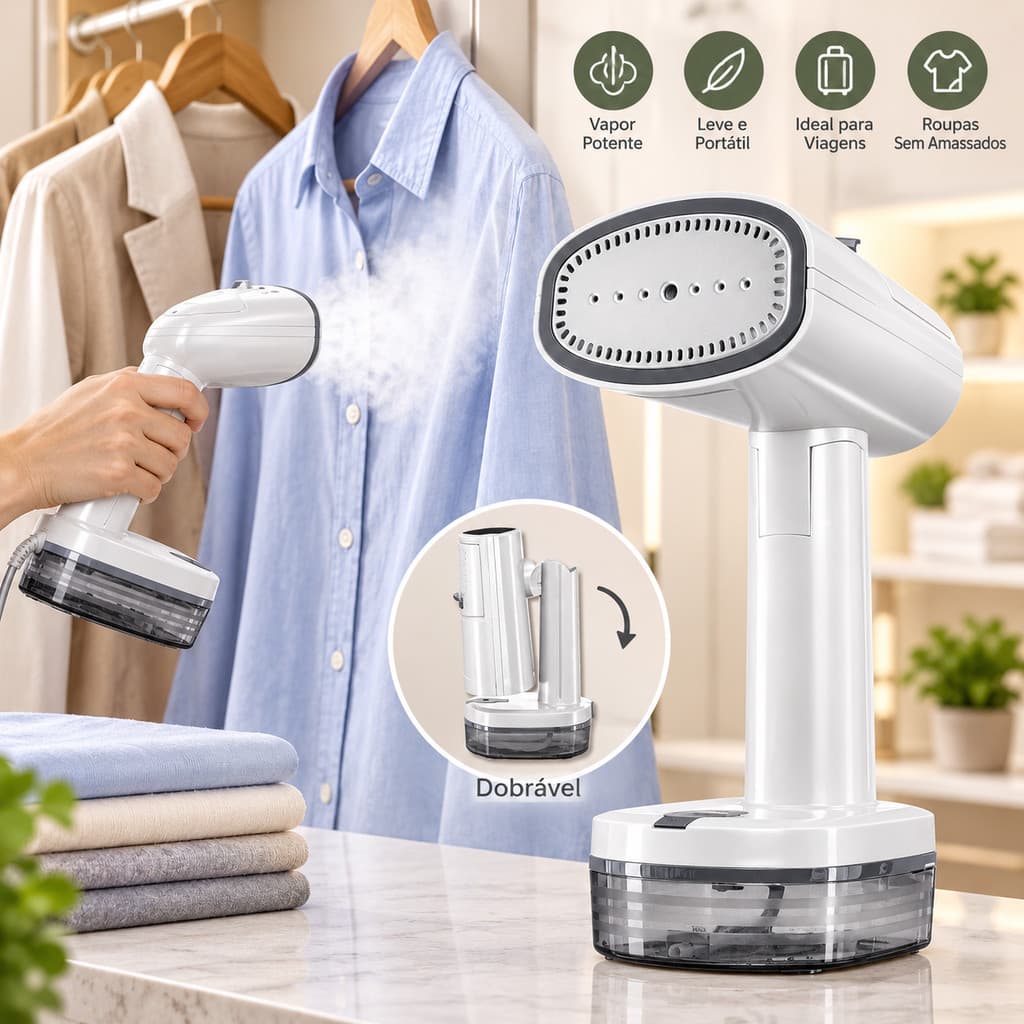 Ferro a Vapor Portátil 3 em 1 com Sucção 1500W Dobrável para Roupas Viagem