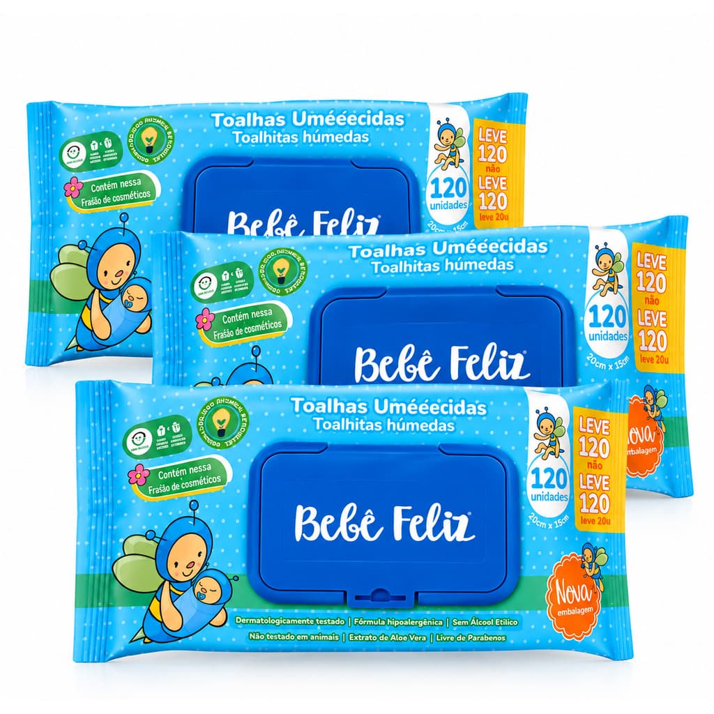 Kit 3 Lenços Umedecidos Bebê Feliz Ultra Care 120 Toalhas