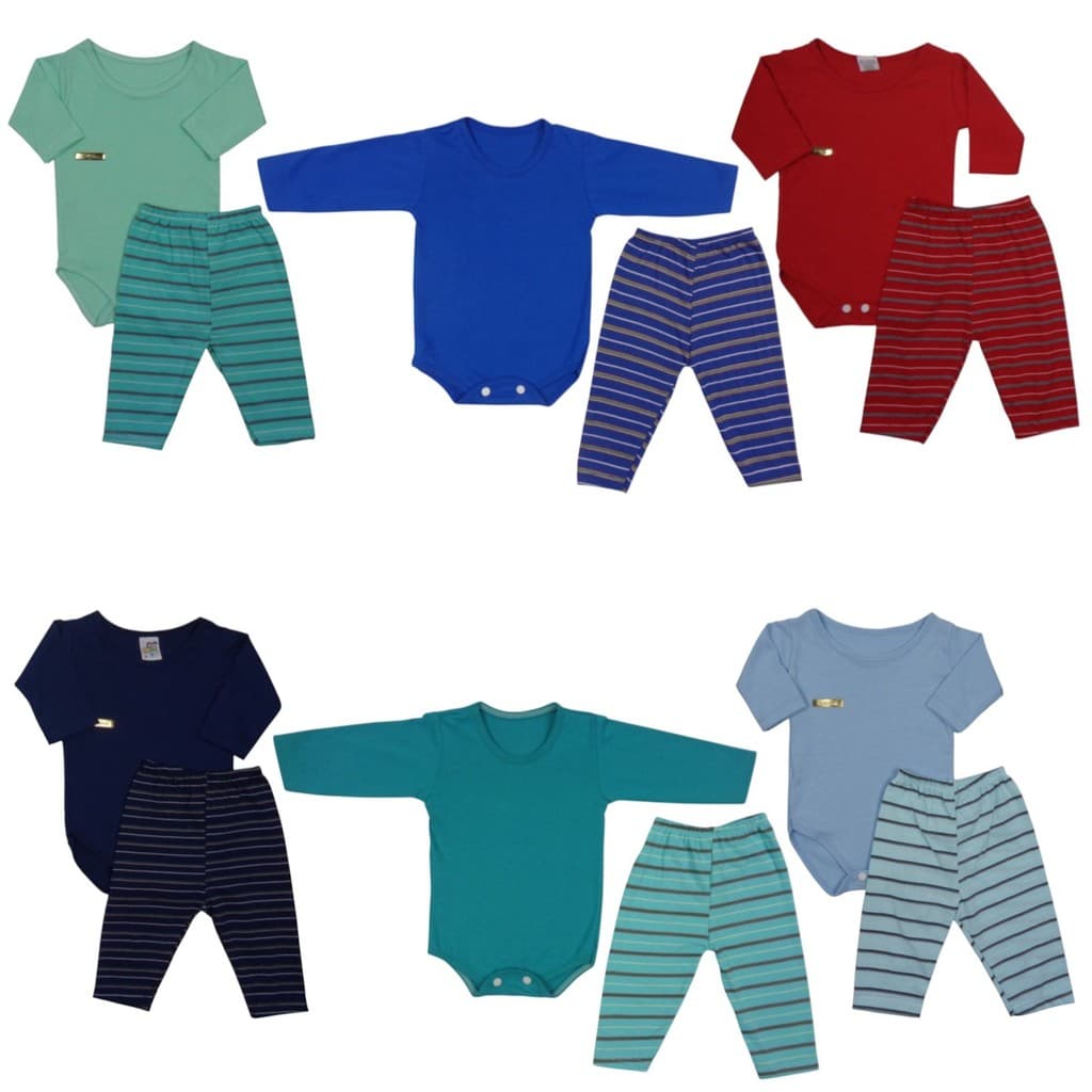 Kit 6 Conjuntos Roupa de Bebê Recém-Nascido Cores Body Calça Tapa-fralda