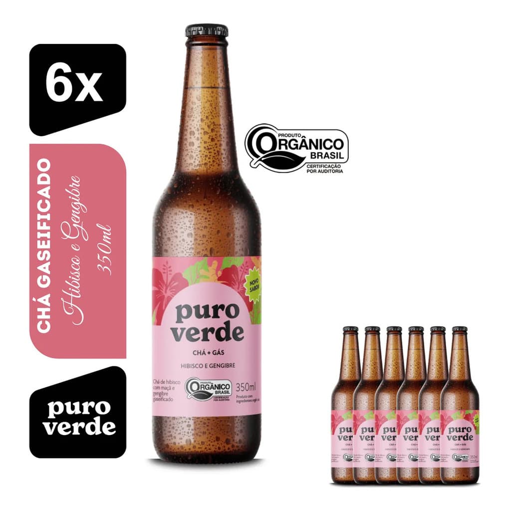 Chá Gaseificado Orgânico Puro Verde Hibisco Gengibre Kit 6un